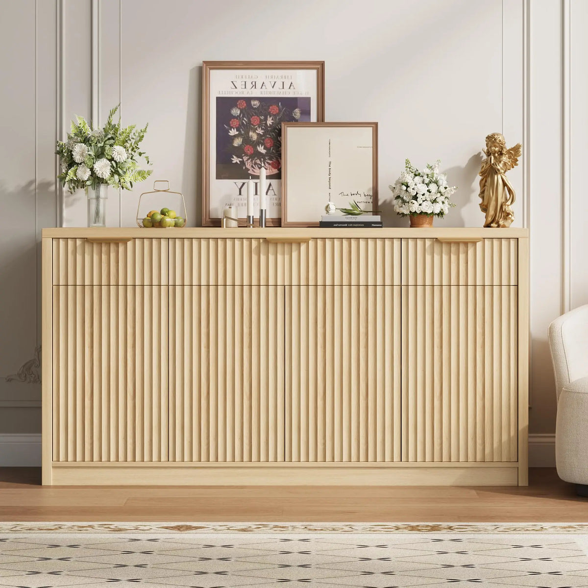 HiMISS Modern Fluted Buffet Sideboard Cabinet With Storage Shelves