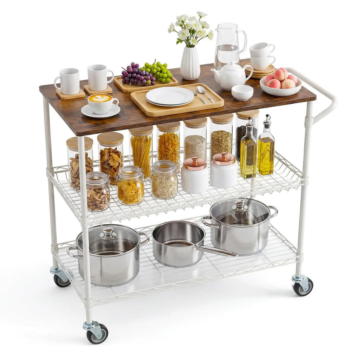 3-Tier Kitchen Island Cart With Wheels, 35.43in Heavy Duty Microwave Stand, Wood Top, Locking Utility Storage Cart For Home Bar