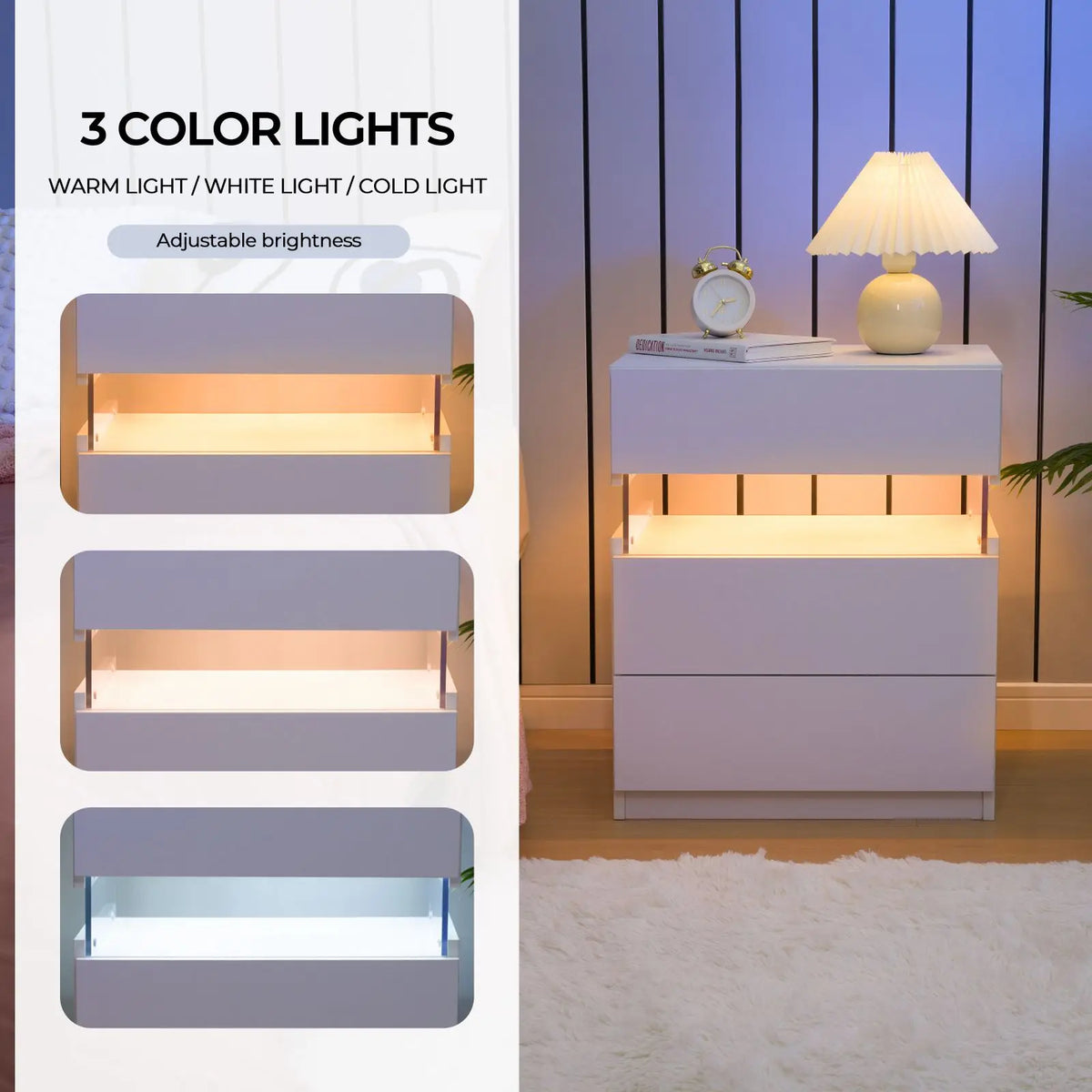 Cubehom Wooden Bedside Tables With Led Lighting And Drawers