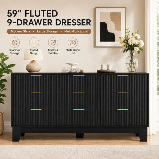 Modern Fluted Wood Dresser With 9 Drawers And Metal Handles