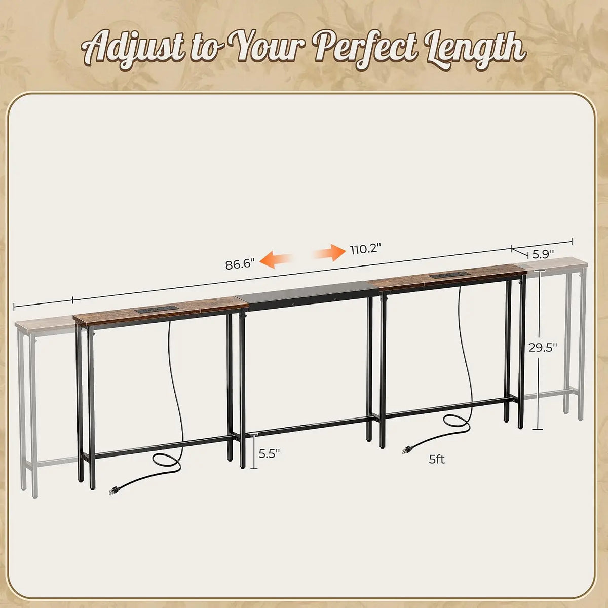 Adjustable Sofa Console Table With Power Outlets And USB Charging