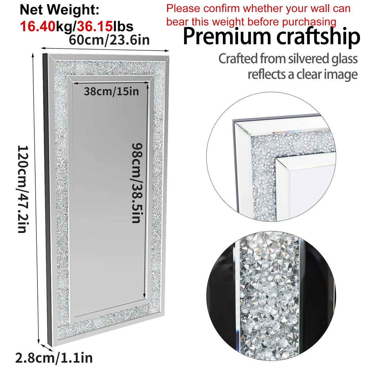 Crystal Crush Diamond Rectangle Wall Mirror for Home Interiors