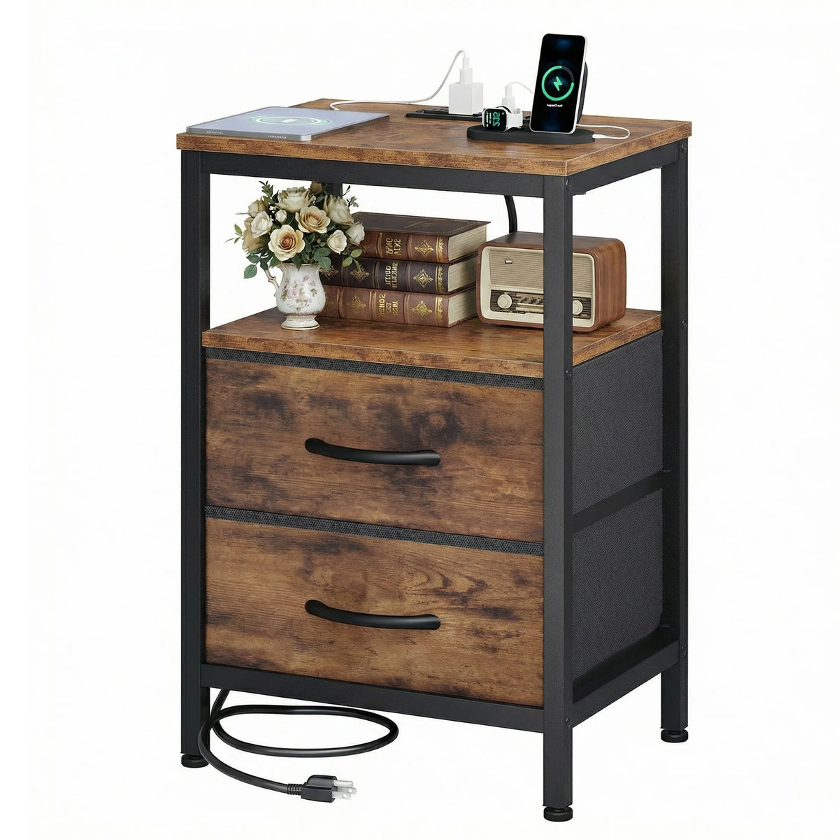 JHK Modern Night Stand With Fabric Drawers And USB Charging