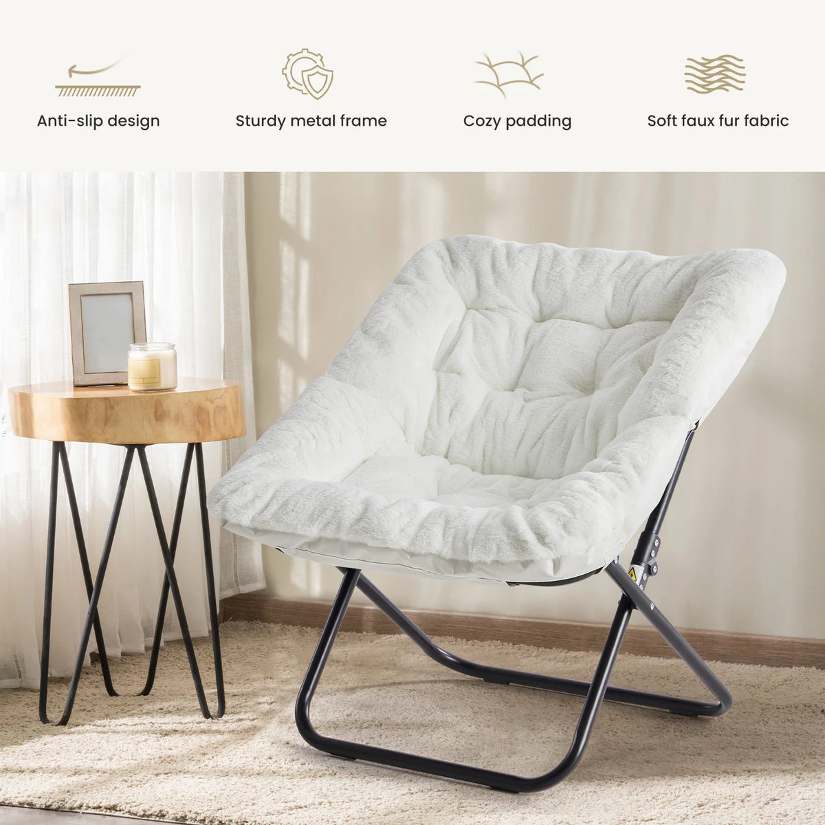 JHK Modern Folding Saucer Chair Rotatable Metal Frame Fabric