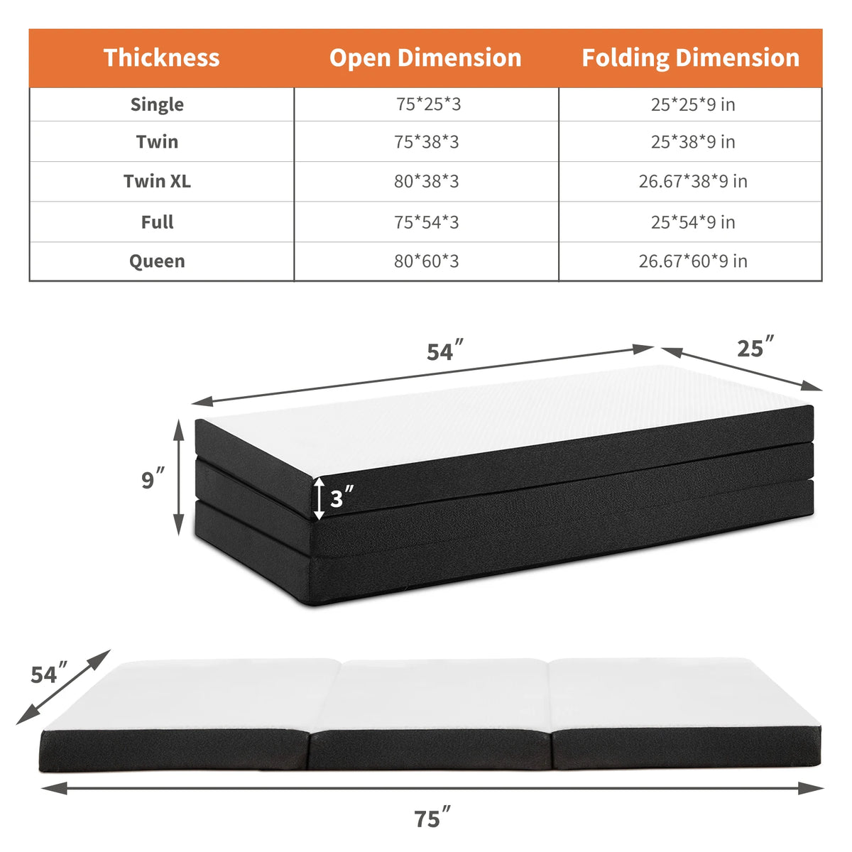 JHK Three Fold Floor Bed Memory Foam Travel Camping Yoga