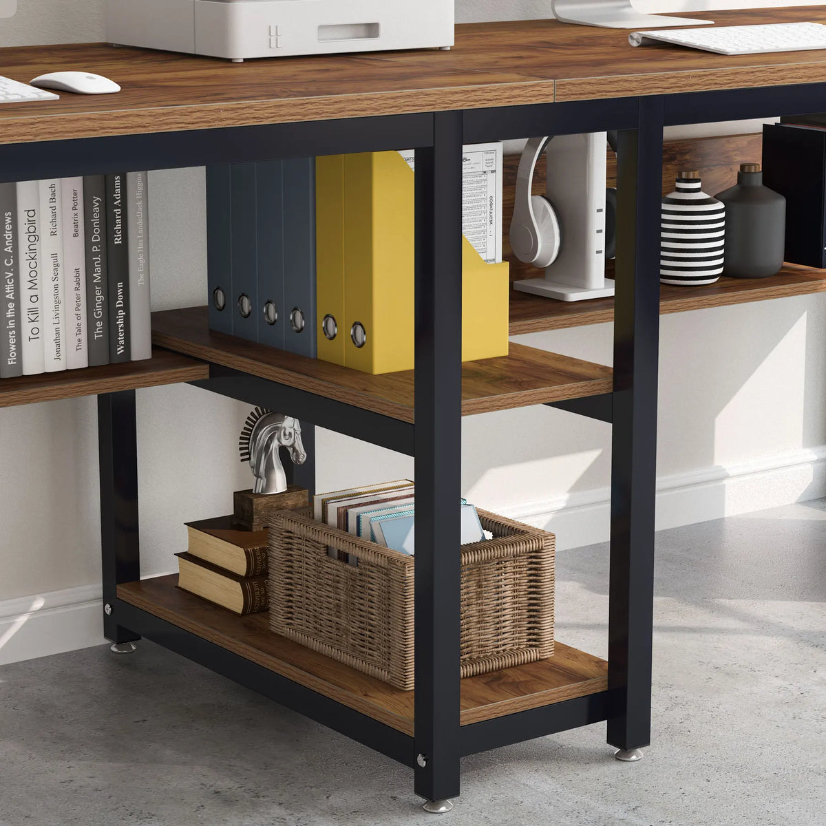 Tribesigns Two Person Computer Desk With Bookshelf Workstation