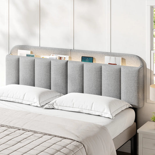 Onbrill Adjustable Linen Headboard With Storage And Led Lighting